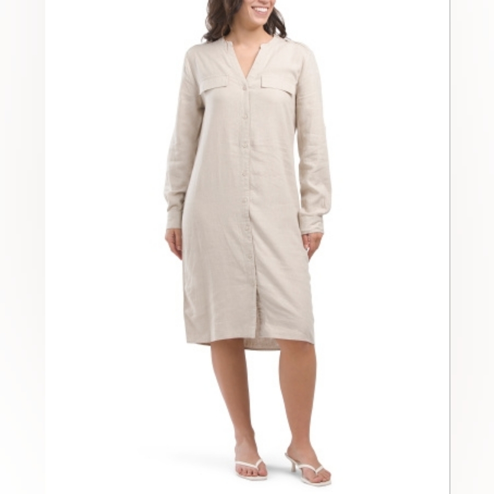 NWT - Calvin Klein Linen Blend Roll Tab Button Front Midi Dress - Size 14